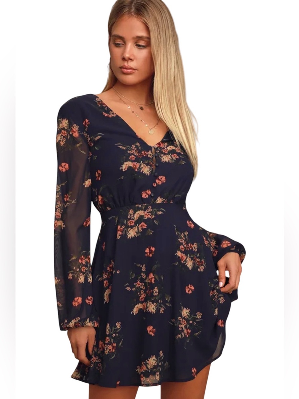 Lulus Mini Dress Womens‎ Small Blue Floral Partially Lined Always Yours Skater